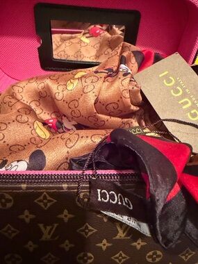Gucci Brown Monogram Silk Scarf with Red and Yellow Mickey Mouse Accents in case